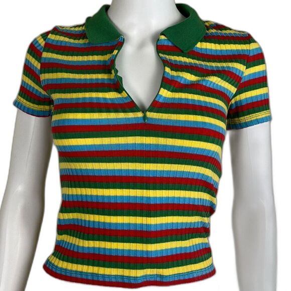 Zara Tops - Zara Women's Size S Colorful Striped Ribbed Collard Pullover Short Sleeve Top